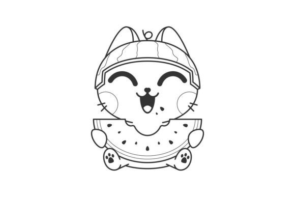 Charming Simplicity: The Cute Cat Eating Watermelon Line Style