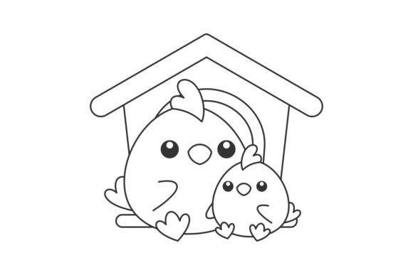 Cute Hen with Chick Cartoon Line Style: A Whimsical Design Asset