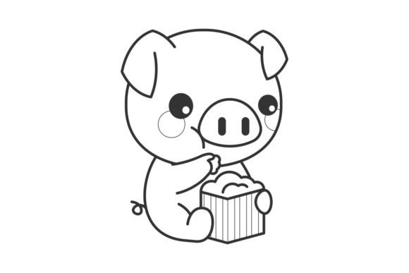 Cute Pig Eating Popcorn Cartoon Line: A Whimsical Display Font
