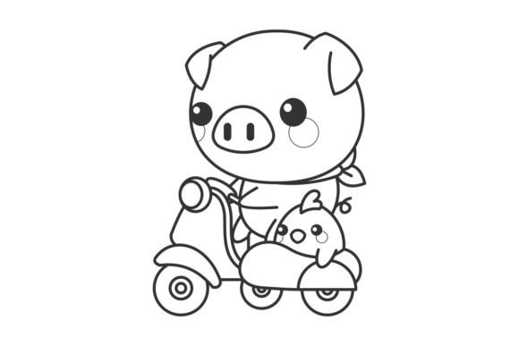 Pig and Chick Riding a Scooter Line: Playful Design Assets